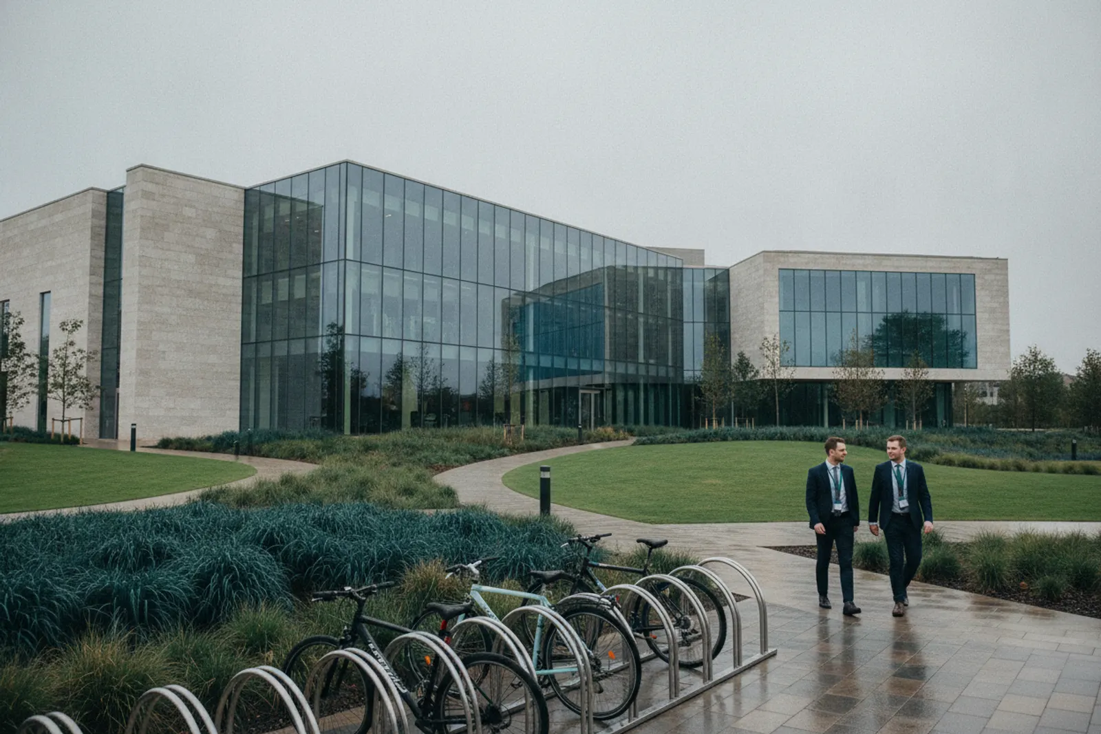Modern glass research building on a landscaped science park with people walking and bicycles in racks